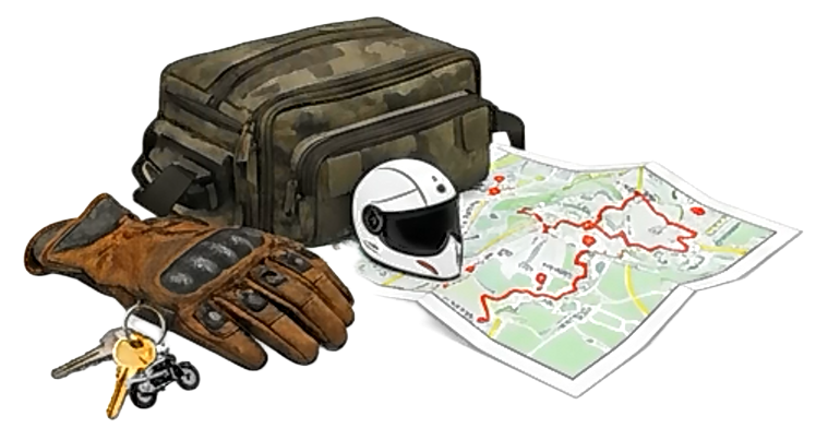 Mala, capacete, luvas e mapa de motociclista
